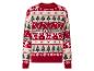 Un pull de Noël rouge avec des motifs de bonhomme en pain d'épices, de sapin de Noël et de sucette.