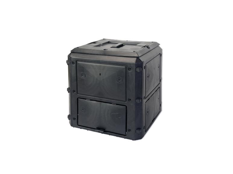 Composteur de jardin noir avec panneaux latéraux et couvercle supérieur.