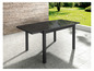 Une table à manger noire avec un plateau en verre pour l'extérieur.