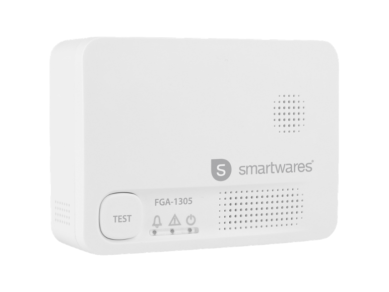 Détecteur de gaz blanc avec bouton de test et indicateurs lumineux.