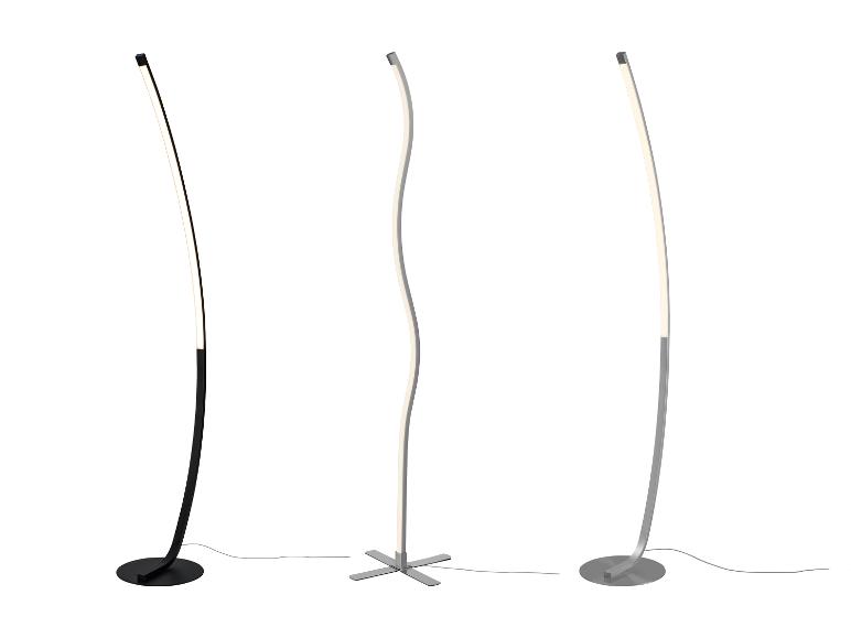 Trois lampadaires LED modernes, un noir et deux argentés, sur fond blanc.