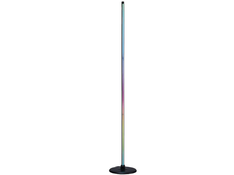 Un lampadaire fin et vertical avec un éclairage LED coloré.