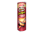 Tube rouge de chips saveur bacon fumé avec un graphique de grill.