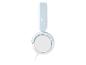 Casque audio supra-auriculaire bleu clair et blanc avec un câble.