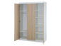 Une armoire blanche avec des portes en bois, ouverte avec des étagères et une barre pour suspendre des vêtements.