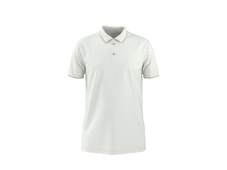 Polo blanc à manches courtes avec col et boutons, avec de fines rayures sur les manches et l'ourlet.