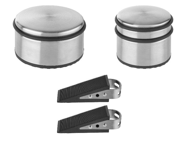 Deux butoirs de porte en acier inoxydable et deux cales de porte en caoutchouc noir.