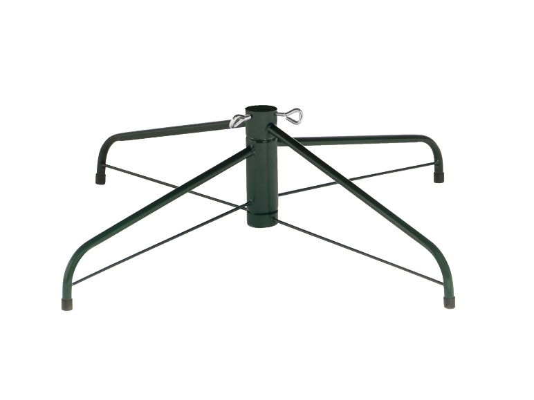 Support de sapin de Noël en métal vert avec quatre pieds et vis de fixation.