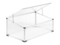 Une serre transparente avec un toit ouvert.
