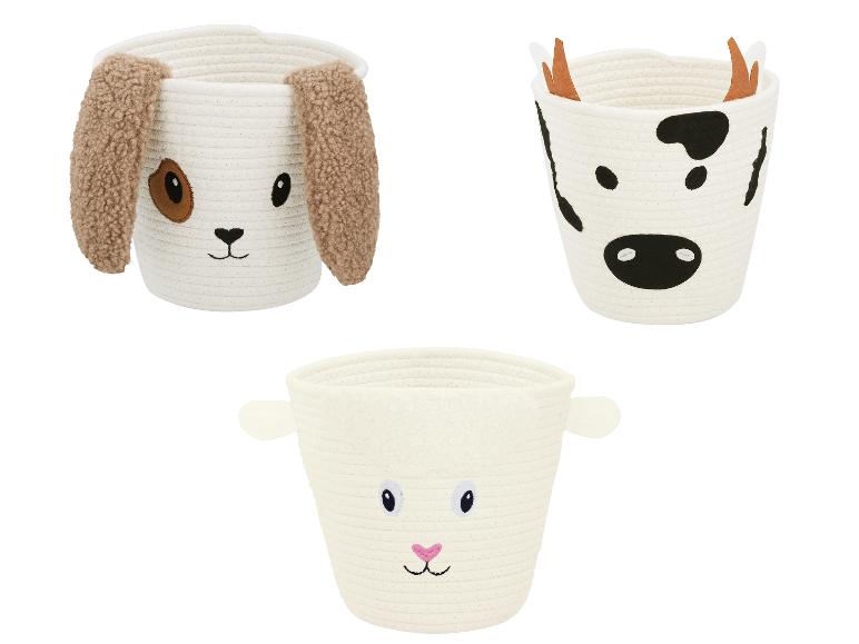 Paniers de rangement en corde de coton avec motifs d'animaux: chien, vache et mouton.
