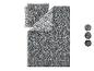 Parure de lit avec fond gris foncé et motif de feuilles blanches, avec trois échantillons circulaires montrant des motifs alternatifs.