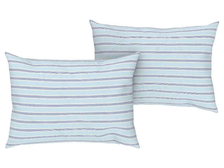 Deux coussins rayés bleu et blanc.