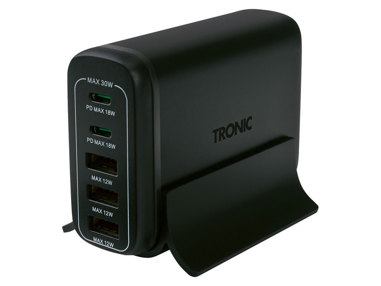 Chargeur secteur TRONIC noir avec 5 ports USB, dont 2 avec une charge rapide PD.
