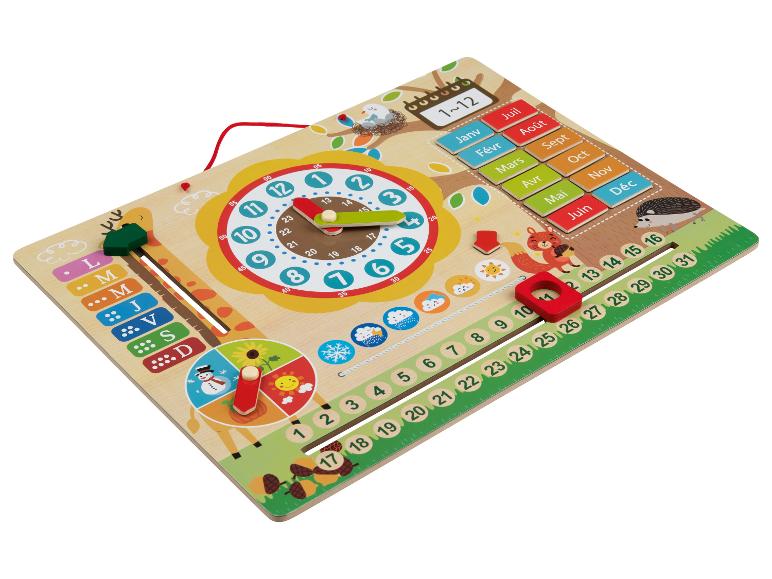 Calendrier en bois avec horloge, jours de la semaine, mois, dates et saisons.