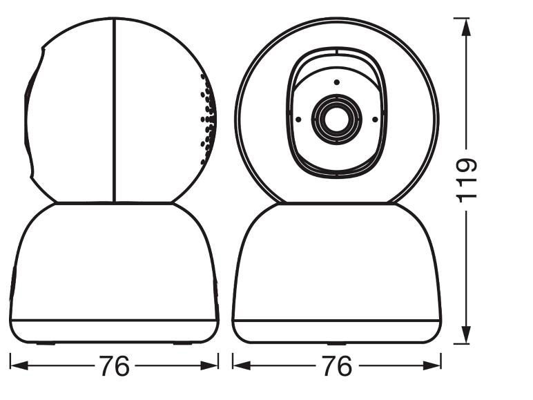 Schéma dimensionnel d'une caméra de sécurité avec une largeur de 76 mm et une hauteur de 119 mm.