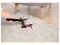 Femme nettoyant une tache rouge sur un tapis clair avec un nettoyeur de tapis.