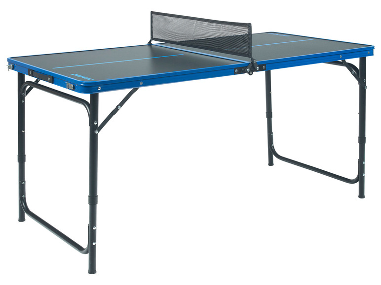 Une table de ping-pong pliable avec un plateau noir et des bords bleus