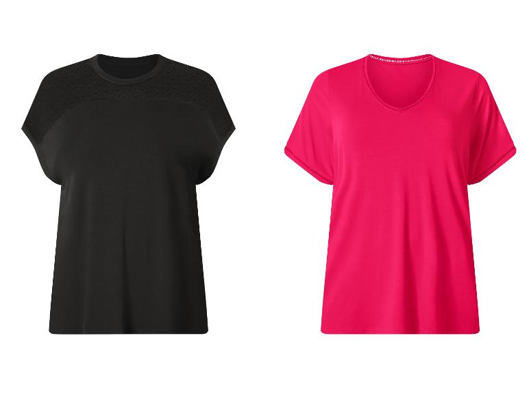T-shirts femme : un noir avec épaules en crochet et un fuchsia avec col en V.