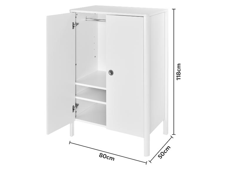 Armoire blanche avec porte ouverte, étagères et tringle, dimensions 118x80x50cm.