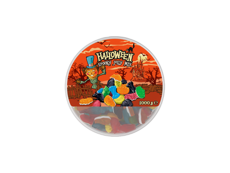 Récipient rond avec mélange de bonbons gélifiés effrayants d'Halloween, 1000 g.