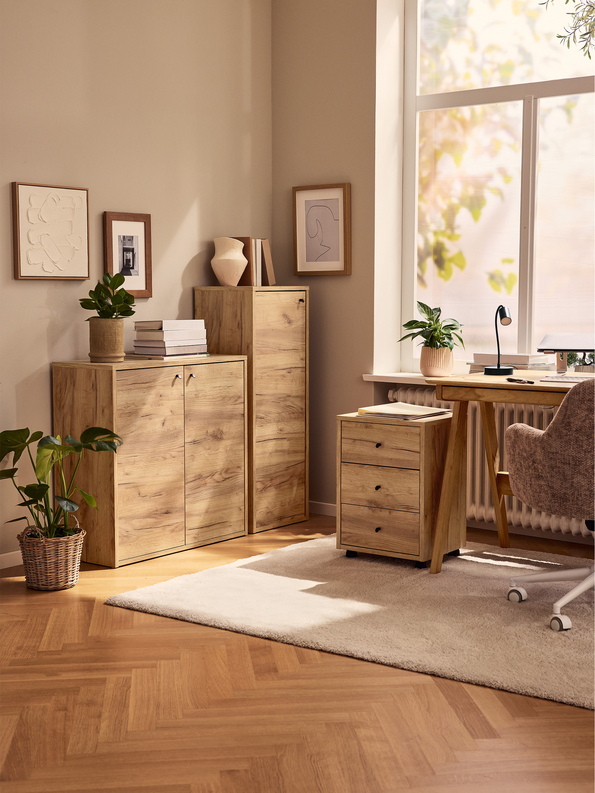 Bureau à domicile avec meubles en bois, plantes et tapis.