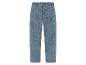 Un jean bleu avec une taille élastique.