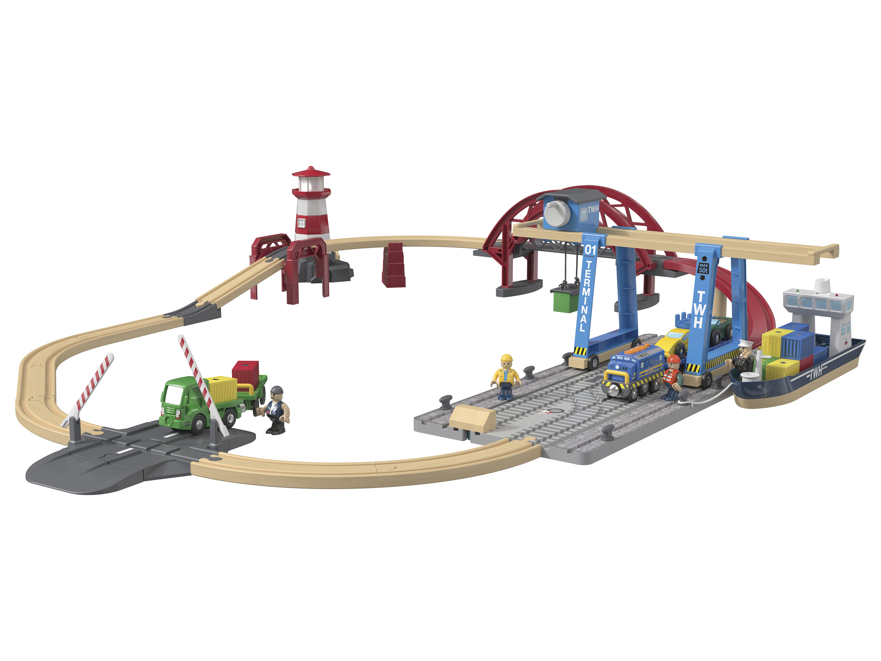 Playtive Set de chemin de fer port à conteneurs en bois XL