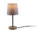 Une lampe de table avec un abat-jour gris et un piétement en bois.