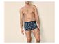 Homme en caleçon boxer à motifs sur fond uni.