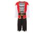 Un costume de pirate avec un haut à rayures rouges et noires et une ceinture.