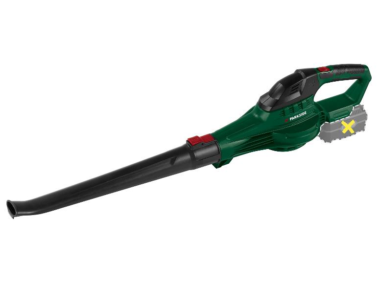 Souffleur de feuilles sans fil vert et noir avec une longue buse et un bouton rouge