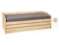 Un lit en bois avec rangement et un matelas gris.