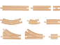 Assortiment de rails de train en bois pour jouets, droits et courbes.