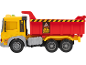 Camion benne jouet jaune et rouge avec panneaux d'avertissement