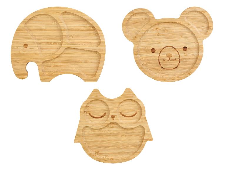Assortiment d'assiettes enfant en bambou : éléphant, ours et hibou.