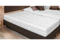 Un matelas blanc sur un sommier tapissier brun.