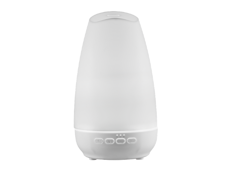 Diffuseur d'huiles essentielles blanc avec boutons de contrôle pour la lumière, la minuterie et la brume