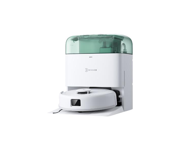 Robot aspirateur blanc avec station de vidange et réservoirs d'eau verts.