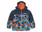 Une veste d'enfant bleue avec un motif camouflage et des détails orange.