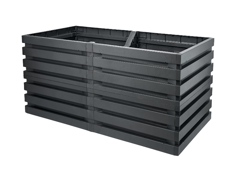 Grand composteur de jardin modulaire en plastique gris foncé.