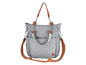 Sac à bandoulière gris avec des détails en cuir.