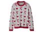 Pull gris avec un motif de cœurs rouges et de cannes à sucre.