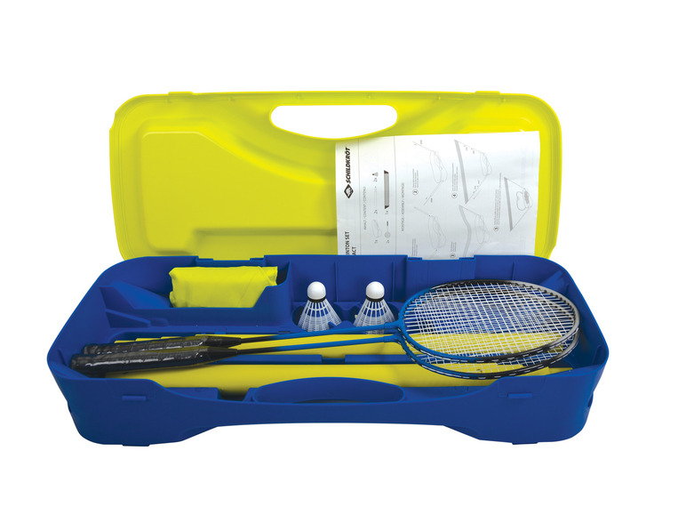 Une valise bleue et jaune avec des raquettes de badminton et des volants Schildkröt.