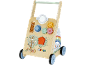 Chariot de marche en bois avec miroir, engrenages et perles colorées.