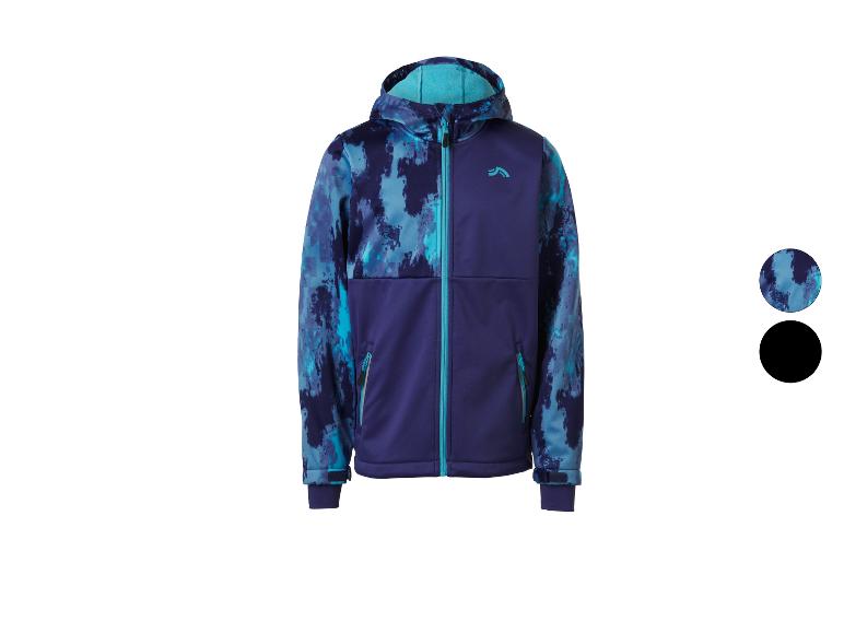 Veste softshell enfant imprimé camouflage bleu et violet avec capuche et fermeture éclair