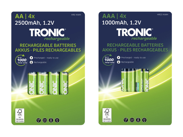 Quatre piles rechargeables AA TRONIC de 2500 mAh et quatre piles rechargeables AAA de 1000 mAh.