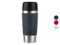 Mug de voyage gris foncé avec un motif de café et le texte 'Freshly Brewed Coffee'.