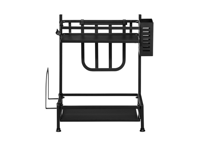 Un support en métal noir avec deux étagères et un porte-ustensiles de cuisine.