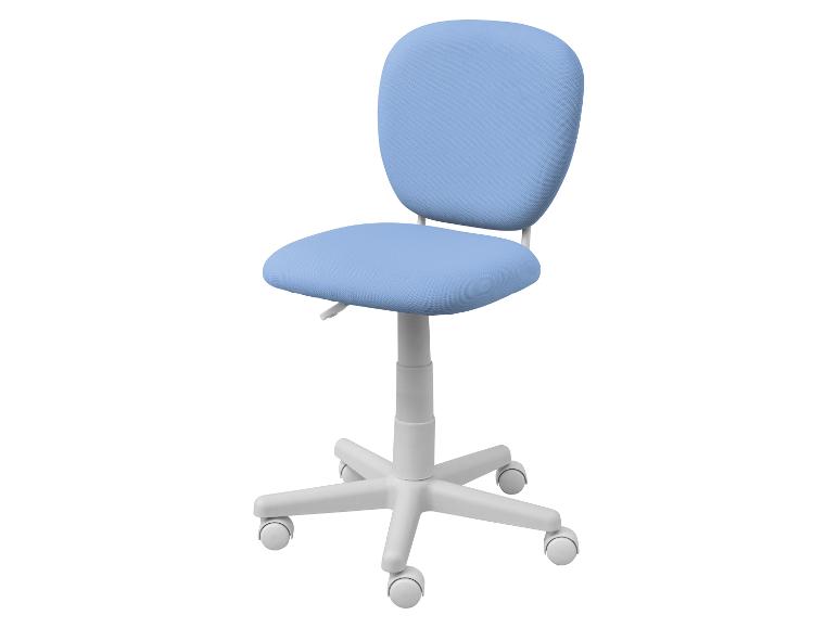 Chaise de bureau pivotante pour enfant, bleu clair, avec roulettes et base blanche.
