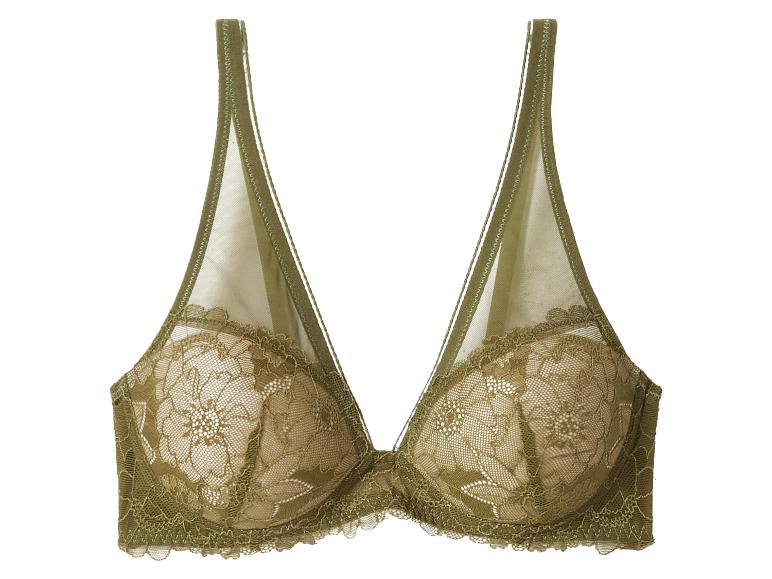 Un soutien-gorge en dentelle vert olive avec des bretelles et des bonnets transparents.